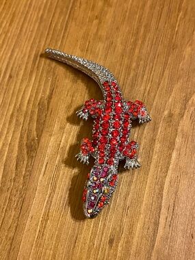 Alligator red, clear, abalone & orange eye rhinestones on silver tone brooch 3 “